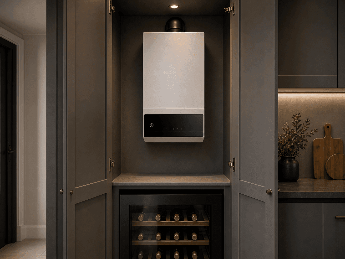 Premium boiler installed inside a fitted cupboard with an integrated wine cooler below